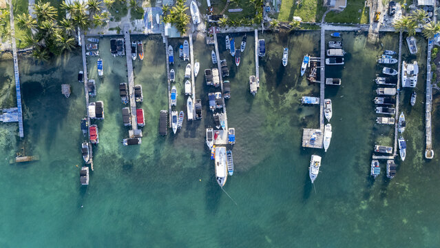 Aerial view of boats nestled along the coast, reflecting the clear turquoise waters and vibrant docks, San Andr&Atilde;&copy;s, San Andres and Providencia, Colombia.