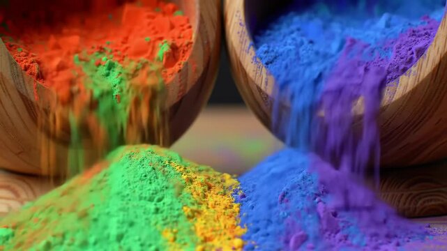 Vibrant Green and Yellow Holi Gulal Powder Pours from a Wooden Bowl onto a Colorful Pile