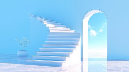 Serene White Staircase Leading to Bright Blue Sky Through Elegant Archway
