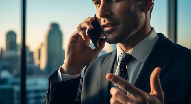 A businessman in a suit talking on his phone in an office with a city view.