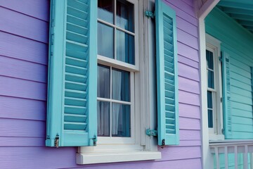 Fototapeta premium Window Hurricane. Pastel Turquoise and Purple Shutter Closeup on Seaside Bungalow Exterior
