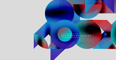 Abstract geometric shapes overlap, creating vibrant blue, red, purple gradients. Modern design element for backgrounds, presentations.