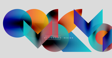 Abstract colorful shapes overlap, creating dynamic visual effect. Gradient hues blend, forming modern background design.