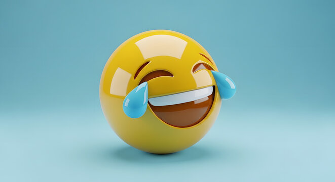 A 3D rendering of a glossy yellow 'face with tears of joy' emoji laughing hysterically on a light blue background.