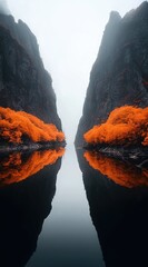 Serene Misty Canyon Reflecting Autumn Leaves Over Tranquil Waters
