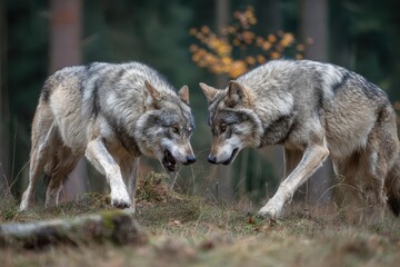 Fototapeta premium Wolves Fighting. Wildlife Predators in Nature. Grey Wolves Battle in the Wild