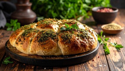 Za&rsquo;atar Day &ndash; Traditional Middle Eastern bread topped with za&rsquo;atar, rustic wooden table.
