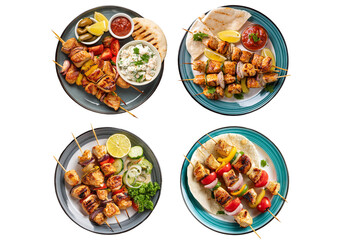 Set Greek chicken souvlaki platter isolated on transparent or white background