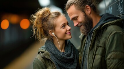 Two young adults are closely engaged at a subway station, smiling warmly at each other while wearing earphones. atmosphere reflects a cozy evening vibe