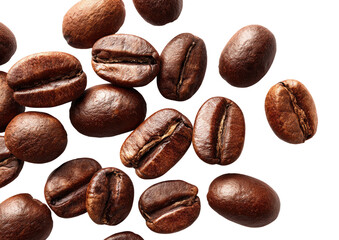 Roasted coffee beans scattered, close-up view