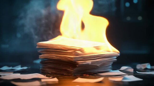 Hand flipping through burning stack of newspapers in dark room