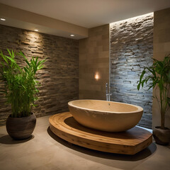 A tranquil spa bathroom offers an inviting sanctuary, featuring a rustic stone tub set against a textured wall with elegant modern design and warm, inviting tones.