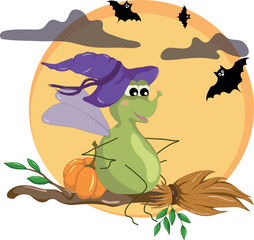 Obraz premium Halloween Fly riding a Broomstick accompanied by a Pumpkin and Bats