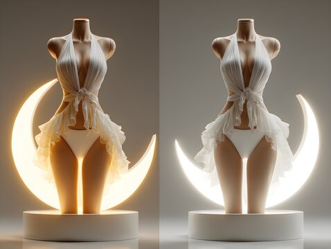 microkini presented two catalog views first neatly styled mannequin second arranged separately stand dramatic clean simple design for web and print use clear view modern minimal look neat layout