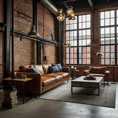 An impeccably designed loft interior exudes industrial chic, featuring exposed brick walls, stylish leather seating, and abundant natural light streaming through expansive windows.