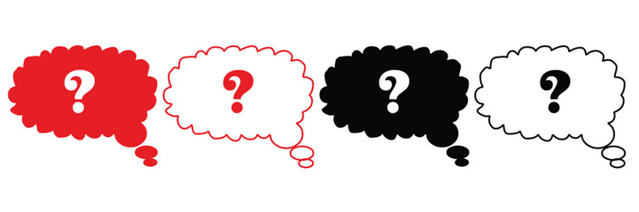 Colorful question mark thought bubble vector EPS illustration, red black outline speech cloud symbol, abstract confusion doubt curiosity icon design for quiz, FAQ, mystery, idea and problem concept