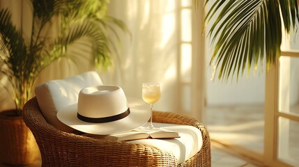 Relaxing scene with a hat, book, and drink on a wicker chair, bathed in warm sunlight near a window.