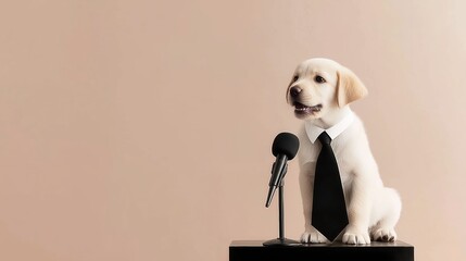 Adorable Labrador Puppy Speaking at a Microphone on a Stage with a Calm Beige Background
