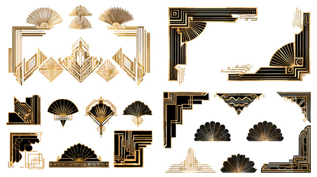 Luxurious Art Deco frames and ornaments with golden geometric shapes, perfect for retro posters, invitations, packaging, and elegant decorative design.