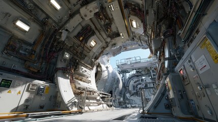 Detailed Interior View of Wind Turbine Nacelle with Complex Engineering Structure