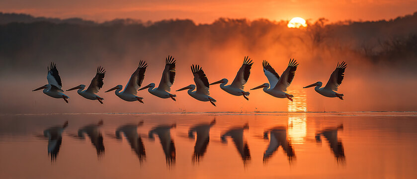 Early morning at Grand Lake O&rsquo; the Cherokees during Pelican Festival in Grove, Oklahoma. Dozens of white pelicans glide gracefully across misty water