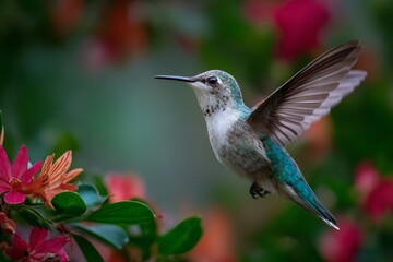 Obraz premium A vibrant ruby-throated hummingbird, a small green bird, is seen in flight, hovering while feeding on a red flower.