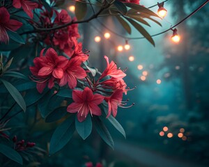 Magical garden scene with blooming rhododendron flowers and bokeh fairy lights at dusk