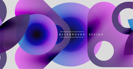 Abstract fluid shapes, vibrant purple hues, modern design. Circles overlap creating dynamic visual effect. Background features gradient colors.