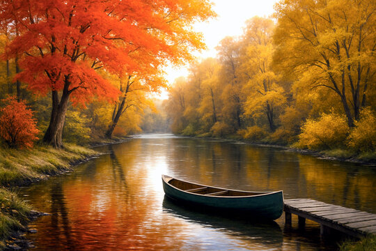Serene autumn riverbank with calm water reflecting vibrant red, gold, and amber foliage, small wooden dock with canoe, peaceful and detailed photorealistic nature scene. - Powered by Adobe