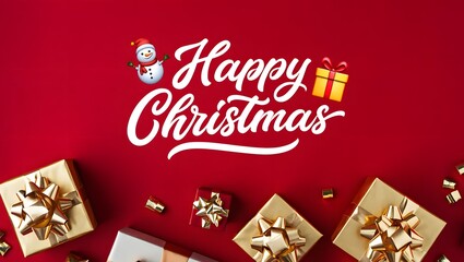 Naklejka premium Festive happy christmas greeting with gift boxes and ornaments on red background