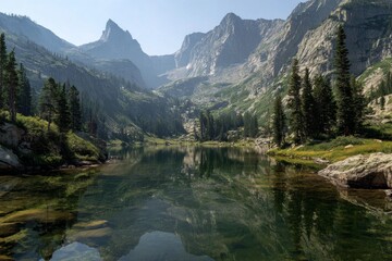 Scenic view of a mountain lake in Yosemite National Park with a reflection of snow-capped peaks.
