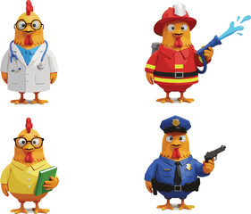Cartoon chicken character illustration set, rooster mascot dressed as doctor, firefighter, police officer, teacher with book, funny farm animal design