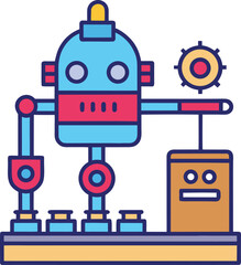 Cartoon robot arm assembly line with conveyor belt and control panel