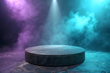 Empty stage podium with dramatic purple and teal colored smoke and spotlights