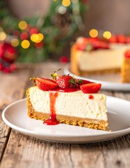 Festive cheesecake slice with strawberries