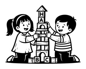 Children building blocks vector – happy kids constructing tall alphabet tower with wooden cubes, monochrome engraving illustration isolated