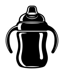 Sippy cup vector – baby training bottle with ergonomic handles and spill‑proof spout, monochrome engraving illustration isolated
