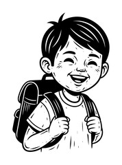 Smiling schoolboy with backpack vector – happy student portrait, monochrome engraving illustration isolated