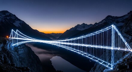 Fototapeta premium Luminous suspension bridge reflecting in the tranquil waters surrounded by majestic mountains at twilight, capturing