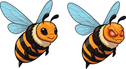 Cute cartoon bee character with friendly face, angry aggressive bee with glowing eyes, fantasy insect illustration, flying honeybee mascot art