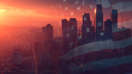 Labor Day sunset over a city skyline with American flag overlay