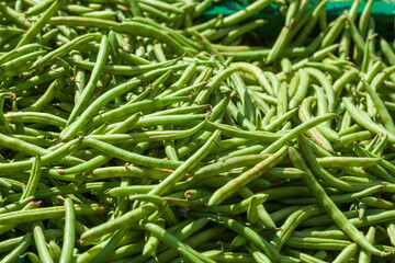 Frische grüne Buschbohnen auf einem Marktstand, Deutschland