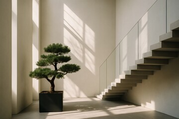 Modern interior with bonsai tree, glass staircase, and minimalist concrete flooring in serene sunlight