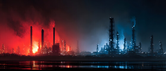 Labor Day celebration at a vibrant industrial landscape showcasing fiery displays and illuminated factories at night