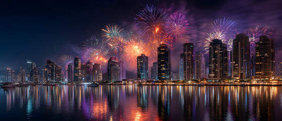 Colorful fireworks display lights up city skyline at night