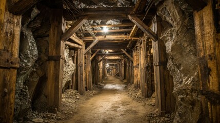Obraz premium Interior view of a narrow mine tunnel featuring wooden support beams and textured rock walls, creating a dark and historic industrial passage.