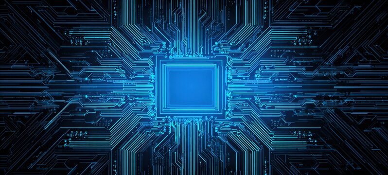 The intricate blue microchip at the center of a digital circuit design. - Powered by Adobe