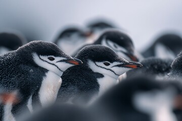 Obraz premium A trio of cute penguins stands on a snow-covered rock in Antarctica.