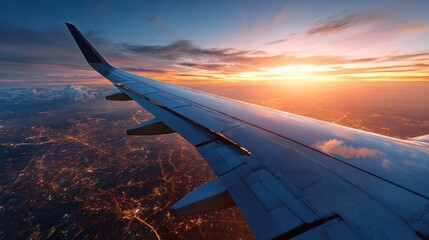 Obraz premium sunset flight above city lights