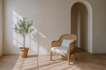 Boho Scandinavian interior with rattan chair, arched doorway, and terracotta floor tiles under natural sunlight